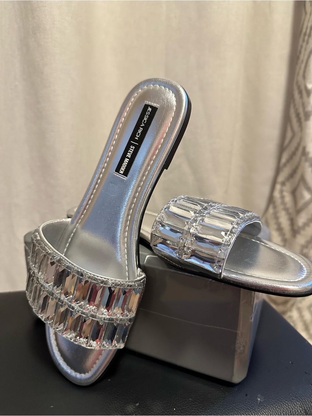 Steve Madden Silver Crystal-Trim Slide Mules